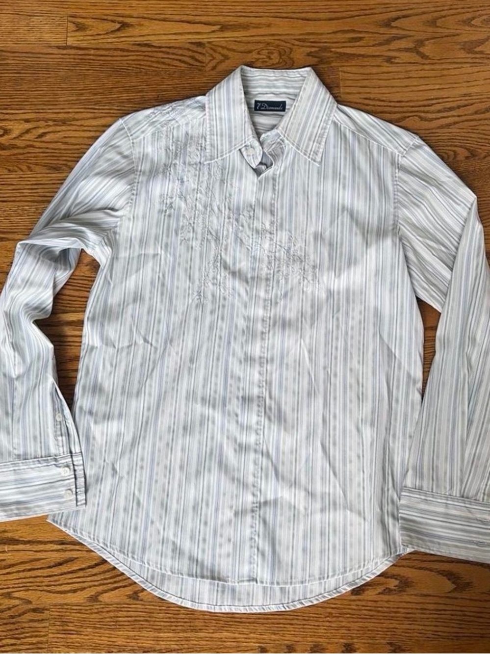 Men's Pale Blue & White Striped Button-Down Shirt with embroidery. Size Medium